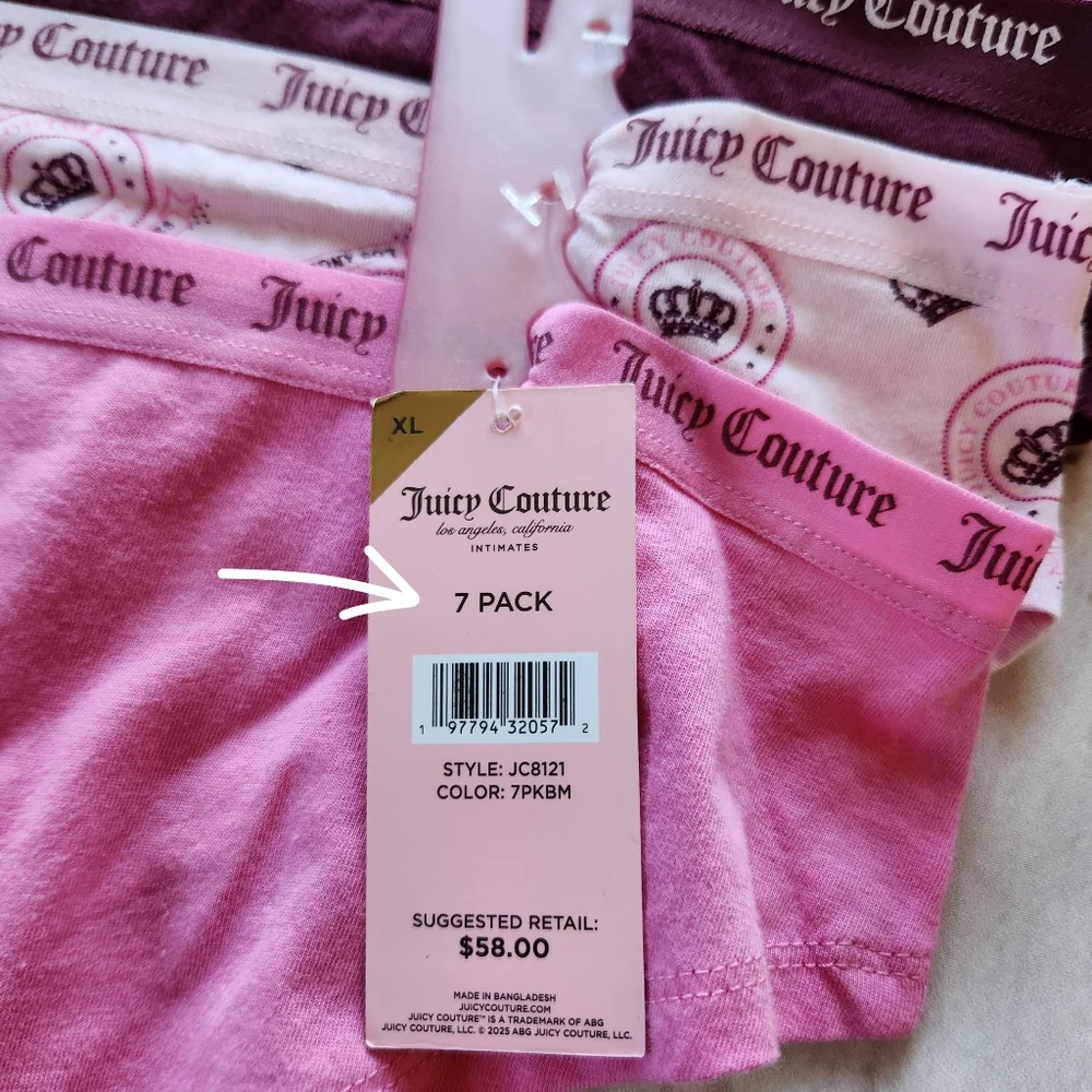 NWT Juicy Couture Underwear Set Cotton Brief 6 Pack Red Pink, Women's Size XL